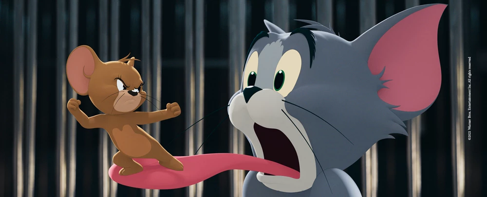 A cartoon mouse sits on a cartoon cat's tongue, they're fighting